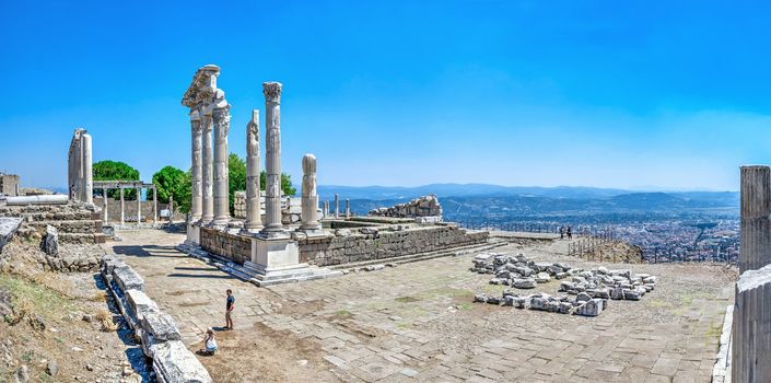 Pergamon, Turkey -07.22.2019. Ruins of the Temple of Dionysos in the Ancient Greek city Pergamon, Turkey. Big size panoramic view