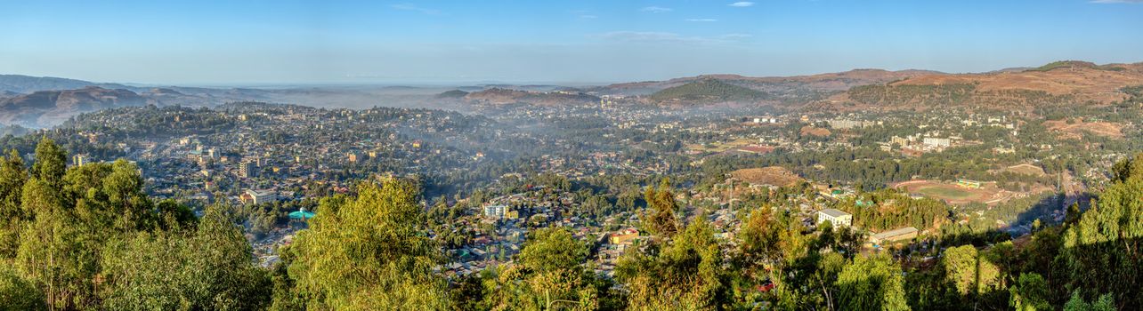 aerial view of wide panorama of city Gondar with Fasil Ghebbi, Royal fortress-city within Gondar, Ethiopia.