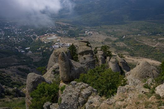 The rock formations of the Demerdji mountain. Valley of Ghosts. Landscape of Crimea, Russia. Ukraine