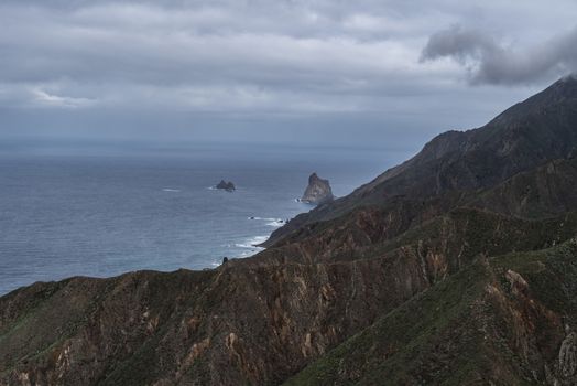 Panoramic landscape in Anaga mountains and ocean coastline from Mirador Risco Magoje viewpoint, Tenerife Canary Islands, Spain