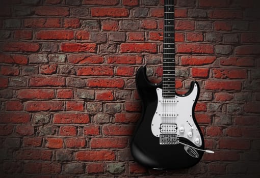 Black electric guitar on red brick wall background. With clipping path
