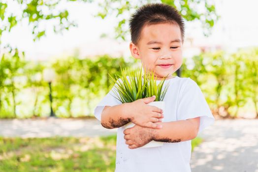 World Environment Day Environment and Save World Concept, Hand of Asian cute cheerful little child boy holding young tree on white pot on green garden background