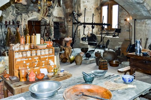 Old kitchen of Vianden castle with all utensils