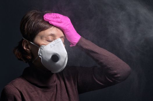 Woman Wearing Medical Protective Virus Mask on dark background