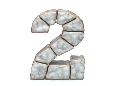 Rock masonry font Number 2 TWO 3D render illustration isolated on white background