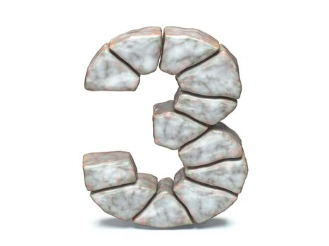 Rock masonry font Number 3 THREE 3D render illustration isolated on white background