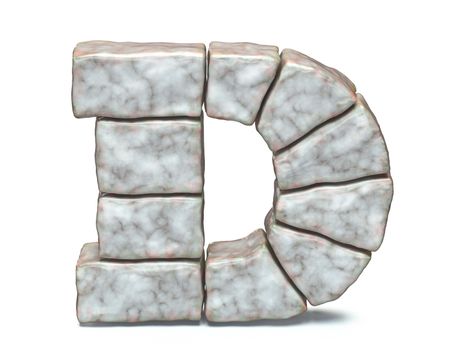 Rock masonry font letter D 3D render illustration isolated on white background