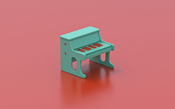 Tiny green piano toy 3D rendering illustration on red background