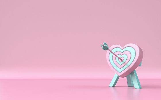 Heart shaped target with the arrow in the center 3D rendering illustration on pink background