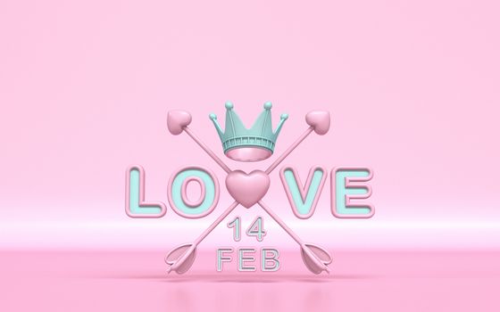 Love text with crossed Cupid's arrows and Valentine's day date 3D rendering illustration on pink background