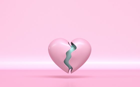 Broken pink heart with healthy core 3D rendering illustration on pink background