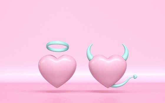 Angel and devil heart 3D rendering illustration on pink background