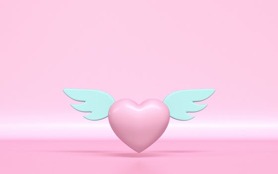 Heart with angel wings 3D rendering illustration on pink background