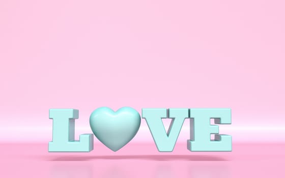 Text LOVE with heart shape 3D rendering illustration on pink background