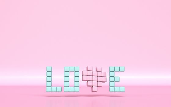 Text LOVE made of pixels 3D rendering illustration on pink background