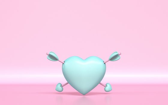 Pastel green heart with two Cupid's arrows 3D rendering illustration on pink background