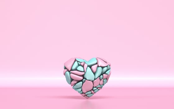 Broken heart made of pink and green pieces 3D rendering illustration on pink background