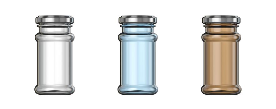 White, blue and brown big glass jars template 3D render illustration isolated on white background