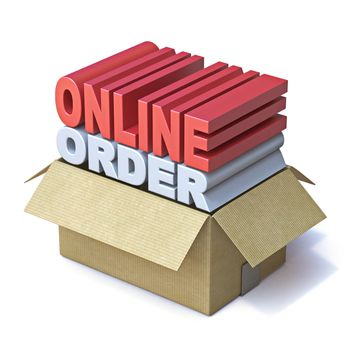 Text ONLINE ORDER in cardboard box 3D render illustration isolated on white background