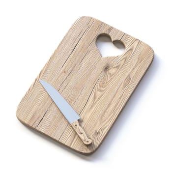 Wooden cutting board with heart and knife 3D render illustration isolated on white background