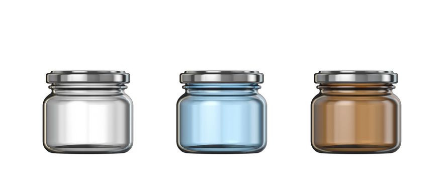 White, blue and brown small glass jars template 3D render illustration isolated on white background