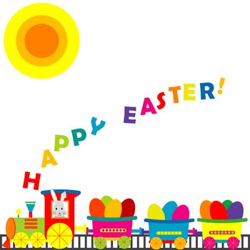 Cartoon train with colored eggs, greeting card