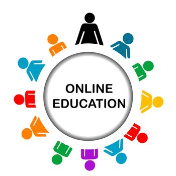 Online education icon with round frame and stylized students