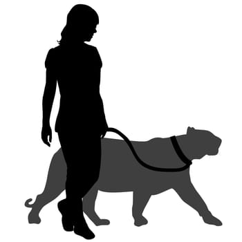 Silhouette of a woman with a panther on a walk