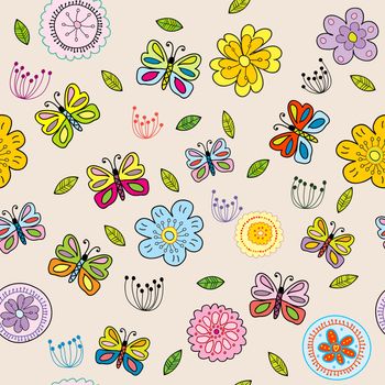 Seamless pattern with colored doodle flowers and butterflies