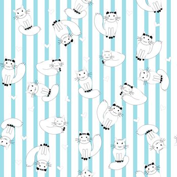 Cartoon cats on blue stripes background