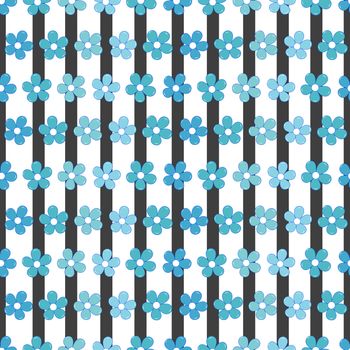 Seamless pattern with blue flowers and black stripes on white background