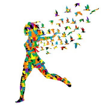 Colorful silhouette of young woman jumping with birds flying from her, abstract illustration