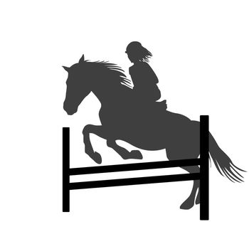 Silhouette of a rider girl on horse jumping over obstacle