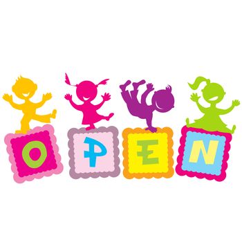 Open sign with cartoon kids