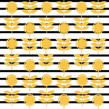 Vintage pattern with stylized sunflowers on striped background