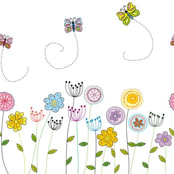 Seamless funny floral border with doodle flowers and butterflies