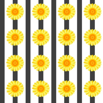 Seamless pattern with yellow flowers and black stripes on white background