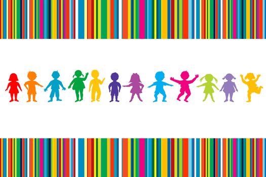 Cartoon colored children on stripped background