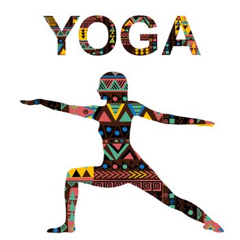 Yoga background with woman practicing yoga Warrior pose