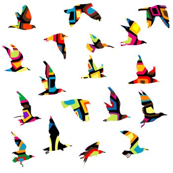 Colorful silhouettes of birds flying