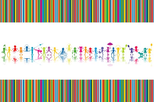 Cartoon colored children silhouettes on striped background
