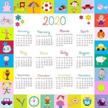 Frame with toys. 2020 calendar for kids