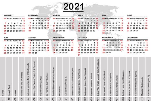 2021 calendar with world map and time zones