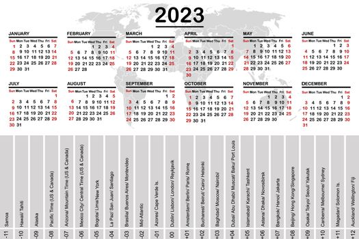 2023 calendar with world map and time zones