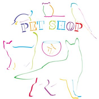 Pet shop design with colored hand drawn pets