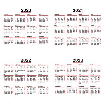 Set of calendars on white background, years 2020, 2021, 2022, 2023