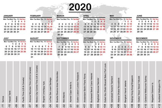 2020 calendar with world map and time zones