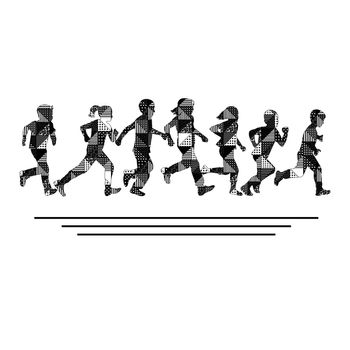 Group of boys and girls running silhouettes