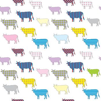 Seamless pattern with the colored image of silhouettes of cows with geometrical patterns