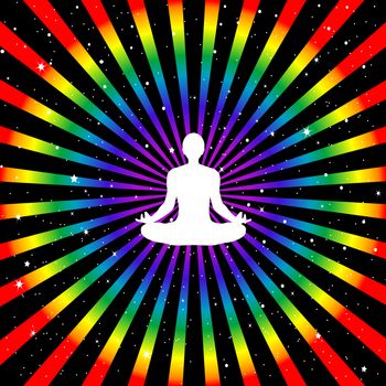 Man sitting in pose of lotus meditating on starry outer space background with sunburst in chakra colors